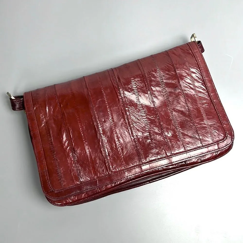 Vintage Real Eel Skin Maroon Clutch Shoulder Bag Purse